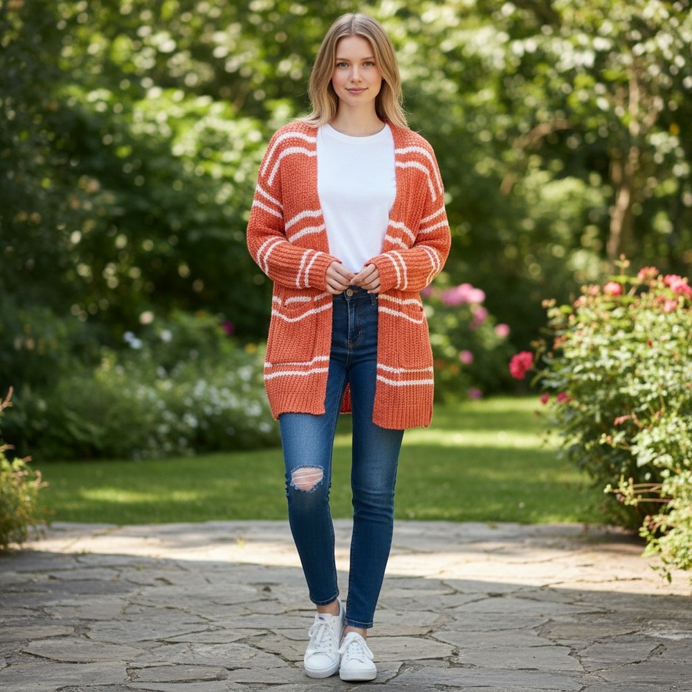 Reborn J Womens Orange White Striped Open Knit Longline Cardigan Sweater Small